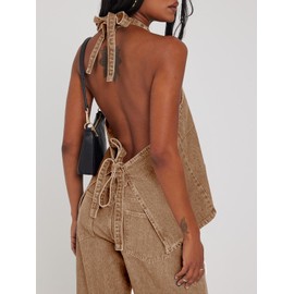 Tankaneo Womens Halter Denim Vest Tops Summer Open Back Y2K Going Out Tank Tops V Neck Button Down Jean Shirts