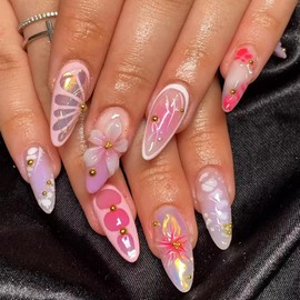 24Pcs Cute Floral Press on Nails Medium Almond Fake Nails with Flower Steel Ball Design Reusable False Nails Kit Acrylic Nails Press ons Full Cover Artificial Glue on Nail for Women Manicure Decor