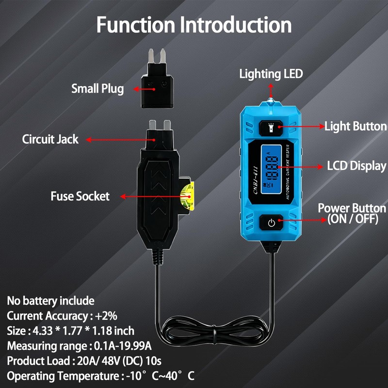 Automotive Parasitic Draw Tester, 20A 48V Car Circuit Fault Probe