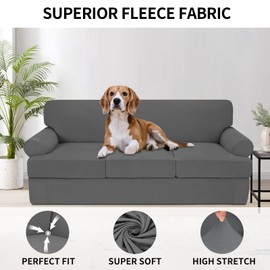 Deeky 4 Pieces Stretch Sofa Covers T Cushion Sofa Slipcover Soft Fleece Couch Cover Furniture Protector Covers with 3 Individual T Cushion Shape Seat Cover Machine Washable, Sofa, Light Gray