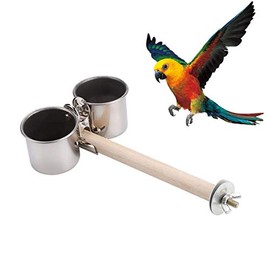 Bird Wood Stand Perch with Stainless Steel Food Water Feeding Bowl for Parrot Parakeet Cockatiel Cage Accessories (A: Perch with 2 Feeder Cups)