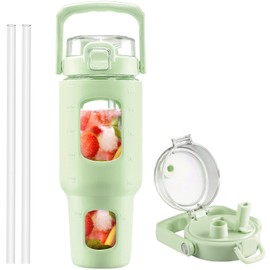 BLUEGO 40 oz Glass Water Bottle with Straw, Leakproof Glass Drinking Bottle with Time Marker and Silicone Sleeve, Wide Mouth for Travel, Gym, Workout, Green