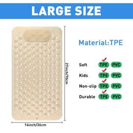 Square Shower Mat Non Slip 14.2" x 27.2" | Bathtub Mat Anti Slip with Strong Suction Cups & Drain Holes, Shower Matt Non Slip with Foot Scrub | Tapis de Bain Antidérapant, Machine Washable (Khaki)