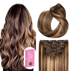 SUYYA Clip in Hair Extensions Real Human Hair 16 inch 120g 7pcs Hair Extensions Real Human Hair Clip ins Silky Straight Double Weft Ombre Balayage Chocolate Brown to Caramel Blonde(16 inch #P4/27/T4)