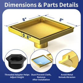 Bernkot Square Shower Drain 8", Brushed Gold Floor Drain with Tiled Insert Grate & Hair Strainer, 304 Stainless Steel Bathroom 2-in-1 Tiled in Drain, CUPC Certified (Brushed Gold, 8'')