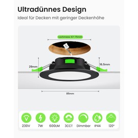 ALUSSO LED Recessed Spotlight, 230 V, Black, Dimmable, Flat, 68 mm, 7 W, IP44 LED Spotlights, Warm White, Neutral White, Cool White, Recessed Spotlights for Bathroom, Kitchen, Living Room, Set of 6