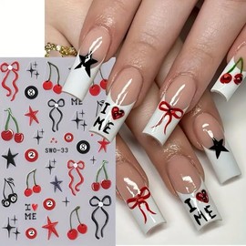 Spring Nails Stickers Red Cherry Nails Sticker 3D Embossed Star Bow Self Adhesive Sticker Black Star Designs Nail Decals Nail Art Decals Summer Decals for Nail DIY Manicure 2Sheets