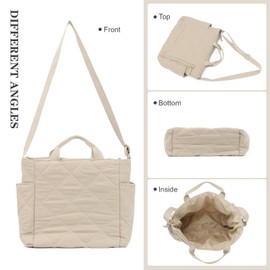 SUKUTU Puffer Tote Bag for Women Large Quilted Tote Bag Puffy Crossbody Bag with Zip Nylon Quilted Bag Hobo Handbags, beige
