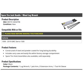 Spare Tire Jack Handle and Wheel Lug Wrench with Extension Arms and Tool Kit Sleeve - Compatible with 1999-2019 GMC Sierra 1500