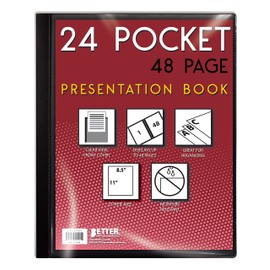 24 Pocket Bound Presentation Book, Black with Clear View Front Cover, 48 Sheet Protector Pages, 8.5" x 11" Sheets, by Better Office Products, Art Portfolio, Durable Poly Covers, Letter Size, Black
