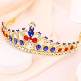 Exacoo Gold Crowns for Women Princess Tiara for Girls Birthday Crown Adult Woman Coronas Para 15 Años Corona Para Pastel Wedding Graduation Party Hair Accessorie Red Crystal Blue Rhinestone