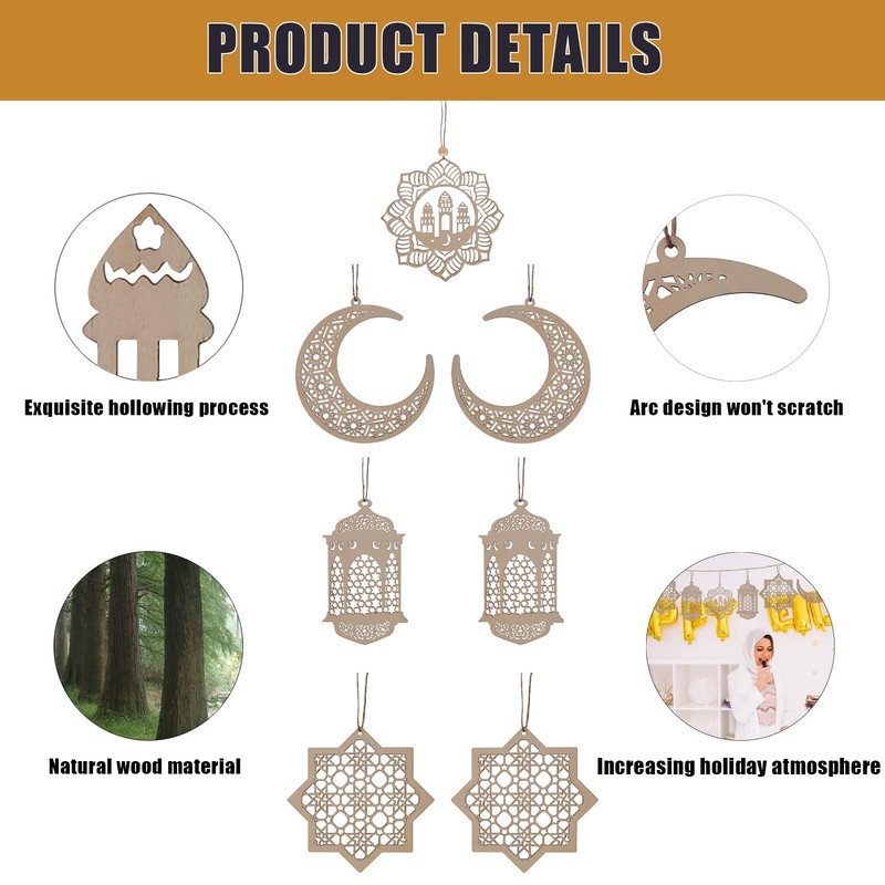 Ramadan Decorations, Wooden Pendant Eid Ramadan Decorations for Home, Ramadan