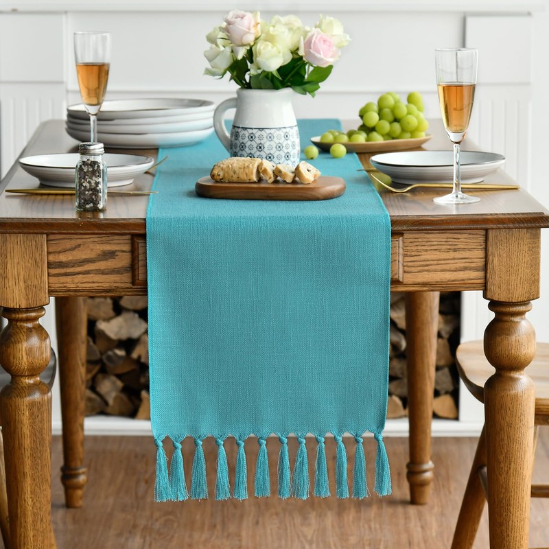 Artoid Mode Teal Boho Rural Rustic Farmhouse Tassel Table Runner,