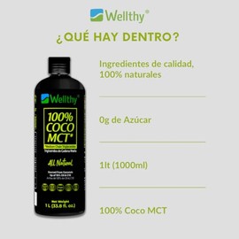 Wellthy MCT Oil 1 Litro, 66 Porciones, cido Caprlico 100 Puro y Natural de Coco, KETO y Paleo Safe, Energa y Concentracin, 0g de Azcar, Gluten Free,  