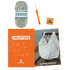 myboshi Borkum Bag Crochet Set for Beginners, Includes Denim Yarn, Crochet Hook, Wool Needles, Instructions, Label, 50% Recycled Denim, 50% Organic Cotton, Light Blue (Baggy) with Crochet Hook