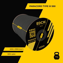 EdcX 4mm Nylon Paracord 550 100m (330 feet) - Type III, 100% Nylon Rope, 7 Strand Rope, 4mm Nylon Rope in Solid Colors (Black, 100 m)