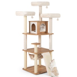 PETSITE 68 Inch Modern Tall Cat Tree for Indoor Cats, Multi-Level Wooden Cat Tree Tower with Sisal Scratching Posts, 3 Top Perches, Cat Condo, Comfy Hammock, Sisal Ramp, and Jingling Balls