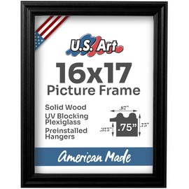 US Art 16x17 Black Picture Frame .75" Inch Wide - Handmade Solid Wood Frames with Preinstalled Hangers and UV Blocking Plexiglass Frames