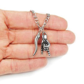 Ann Claridge Mano Cornuto and Cornicello combo Necklace, on 20" Figaro Chain, Portafortuna Italian Lucky Hand Horn Anti Evil Good Luck Double Protection Amulet Charms, Waterproof Stainless Steel