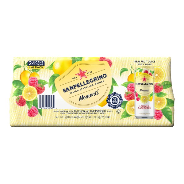 Sanpellegrino Momenti Lemon and Raspberry Flavored Italian Sparkling Drink, 24 Pack of 11.15 Fl Oz Cans