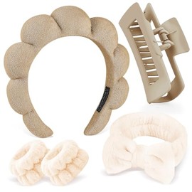 Zkptops 5Pcs Spa Headband for Washing Face Wristband Set Sponge Makeup Skincare Terry Cloth Bubble Soft Hairband Claw Clips for Thick Hair Puffy Padded Headwear Non Slip Hair Accessory (Brown)