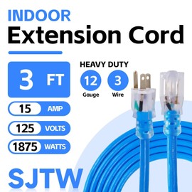 Ultra Explorer Indoor Extension Cord Waterproof 3 FT, 12 Gauge Heavy Duty Blue Extension Cord SJTW, Flexible Cold-Resistant 3 Prong Grounded Power Cord for Lawn, Garden, Appliance, UL Listed