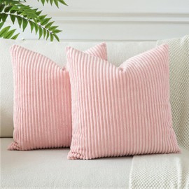 OTOSTAR Pack of 2 Throw Pillow Covers 18 x 18 Inch Soft Corduroy Decorative Square Solid Striped Cushion Case Couch Farmhouse Home Boho Decor Throw Pillows for Sofa Bed Living Room (Pink)