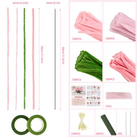 Muyuguit 400 Pcs Pipe Cleaners Craft Kit,Pink Pipe Cleaners Bulk for DIY Flower Bouquet,Multicolors Chenille Stems with Floral Wires, Gardening Tape, Stamen & Ribbon