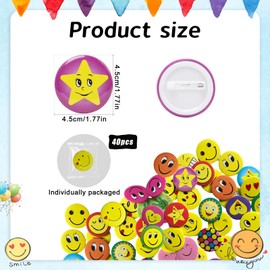 PacuM 40 Pcs Smiley Face Badges 45mm Happy Face Pins Badges Metal Emoji Emoticon Lapel Button Pins Round Retro for Clothes, Hats, Scarf, Tie, Backpacks