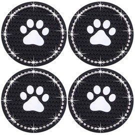 MEAJOO 4PCS Bling Car Cup Holder Coaster, Universal Dog/Cat Paw Auto Non-Slip Crystal Rhinestone Cup Holder Coaster, 2.75In Universal Non-Slip Recessed Car Interior Accessories (Black & White)
