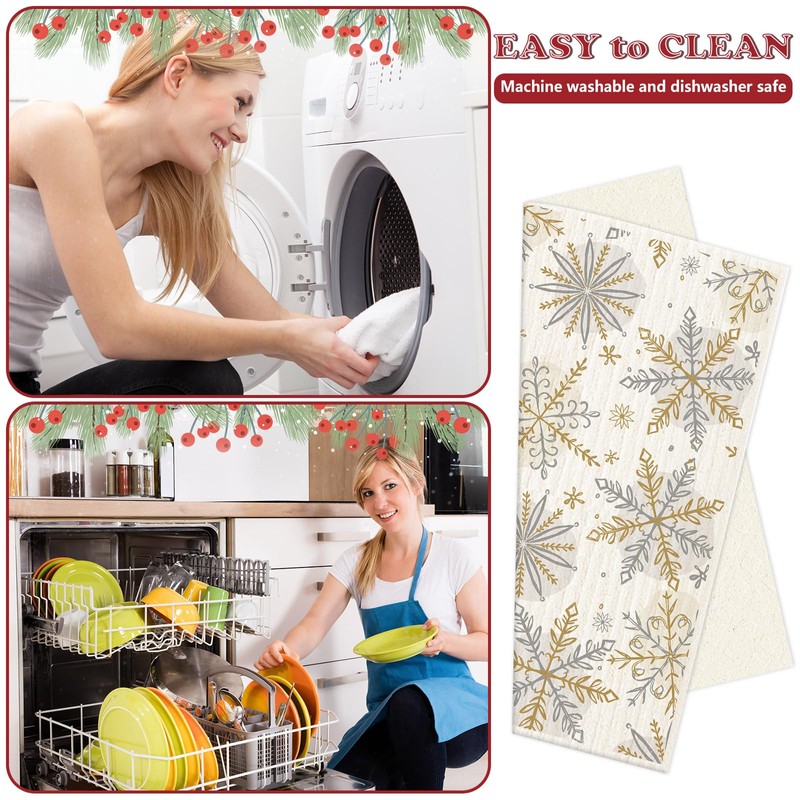 4Pcs Christmas Swedish Dishcloths Gold Silver Snowflake Kitchen Towels Winter