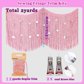 Yhsheen - Borde de flecos con purpurina rosa con lentejuelas brillantes, ribete de flecos de 2 x 7.8 pulgadas de largo por el patio con pegamento B7000, borlas para manualidades para coser ropa