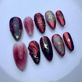 French Tip Press on Nails Medium Almond Fake Nails 3D Gold Curve Line False Nails with Abstract Geometric Stars Bow Heart Designs Red Stick on Nail Glossy Glue on Nail for Women Girls 24Pcs