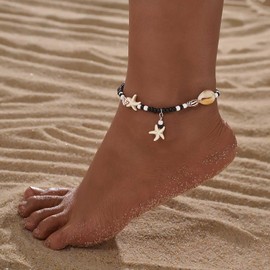 Inateannal Boho Starfish Anklet Bracelet Shell Beads Anklet Starfish Shell Feet Chain Black Beads Chain Anklet Summer Beach Rice Beads Anklet Jewellery for Women and Girls, Zinc