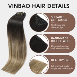 VINBAO Clip in Hair Extensions Human Hair 18 Inch Remy Balayage Black Ombre Dark Brown with Caramel Brown Clip in Hair Extensions Easy to Install 160g 7 Pieces (7C#1B/4/27-18Inch)