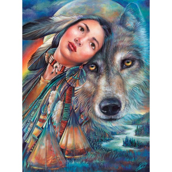 Bits and Pieces - 1000 Piece Jigsaw Puzzle - Dream of The Wolf Maiden, Native American Wolf - by Artist Gloria West - 1000 pc Jigsaw