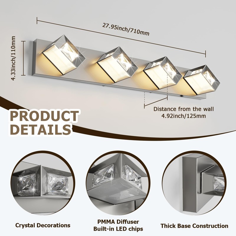Joossnwell Brushed Nickel Bathroom Lights Fixtures Over Mirror (4-Light, 28-Inch)