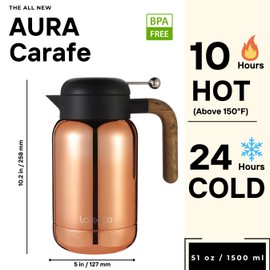 Aura Thermal Coffee Carafe - Vacuum Insulated Stainless Steel Tea Pot & Water Pitcher, Keeps Drinks Hot or Cold, BPA-Free, Beverage Dispenser - 51 oz Copper