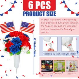 Yuxung 6 Set Red White and Blue Grave Flowers with Vase for Cemetery Patriotic Memorial Bouquet Artificial Flowers Thank You Veterans Roses with American Flags Headstones Bouquet for Memorial Day