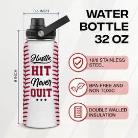 SANDJEST Botella de agua de béisbol de 32 onzas Hustle Hit Never Quit - Botellas aisladas de acero inoxidable para hombres, mujeres, amantes de los deportes, jugadores de béisbol, entrenadores,