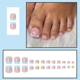 24 Pcs Press On Toenails for Women,YEFIUO Acrylic Short Fake Toe Nails Press ons Nail Art Mixed Color French Design Summer Full Cover False Nails Glue on Toe Nails Stick on Nails with Tool for Ma'am