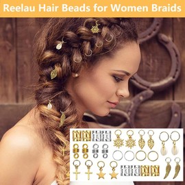 Reelau Hair Beads for Women Braids, 200PCS Hair Beads Jewelry, Loc Jewelry for Hair, Dreadlocks Accessories, Metal Gold Silver Clips Cuffs Coils Shells Rings for Hair Braiding Beard Decoration for Adult