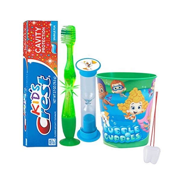 "Bubble Guppies" Inspired 4pc Bright Smile Oral Hygiene Set! Flashing Lights Toothbrush, Toothpaste, Brushing Timer & Mouthwash Rise Cup! Plus Bonus"Remember to Brush" Visual Aid!