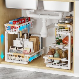ZMJESSNIA Under Sink Organizer, 2 Tier Slide Out Under Sink Organizers and Storage, Height Adjustable Pull out under cabinet storage, Metal Bathroom Kitchen Sink Organizer，2 Pack