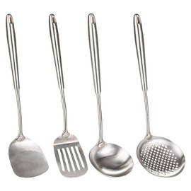 FJNATINH 4-Pieces 304 Stainless Steel Wok Spatula Set,Cooking Utensil Set,Soup Ladle Colander,Nonstick Kitchen Cooking Utensils Set with Spatula,Kitchenware Tools