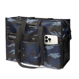 TOPDesign Utility Water Resistant Tote Bag with 13 Exterior & Interior Pockets, Top Zipper Closure & Thick Bottom Support, for Working Women, Teachers, Nurses, Accountants (Blue Camouflage)