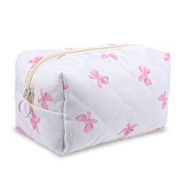 Heclia Small Quilted Cotton Makeup Bag Bow Quilted Makeup Pouch Cute Aesthetic Cosmetic Bag Travel Toiletry Bags Kawaii Trendy Preppy Organizer Bags Skin Care Pouch Gifts for Mom Friend Sister