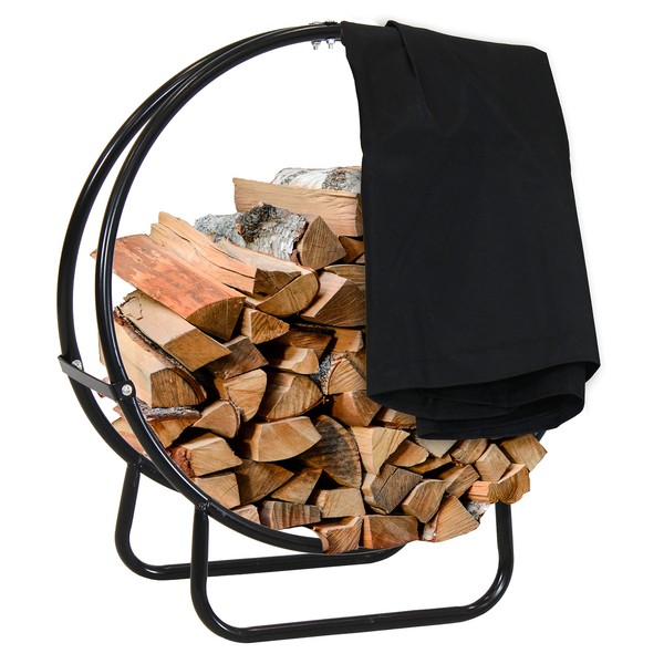 Sunnydaze Outdoor Firewood Log Hoop and Cover Set - Powder-Coated Steel Rack and PVC Cover - Black - 24-Inch