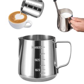 Milk Jug 350 ml, Handheld Stainless Steel Frothing Jug, Milk Jug Stainless Steel, Milk Jug with Measurement Mark, Latte Art Milk Jug, for Coffee Lovers