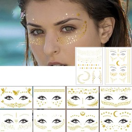 Nirbffo 10 Sheets Star Moon Golden Face Sticker Waterproof Temporary Face Tattoos Festival Sticker Face Glitter for Makeup Eye Sticker